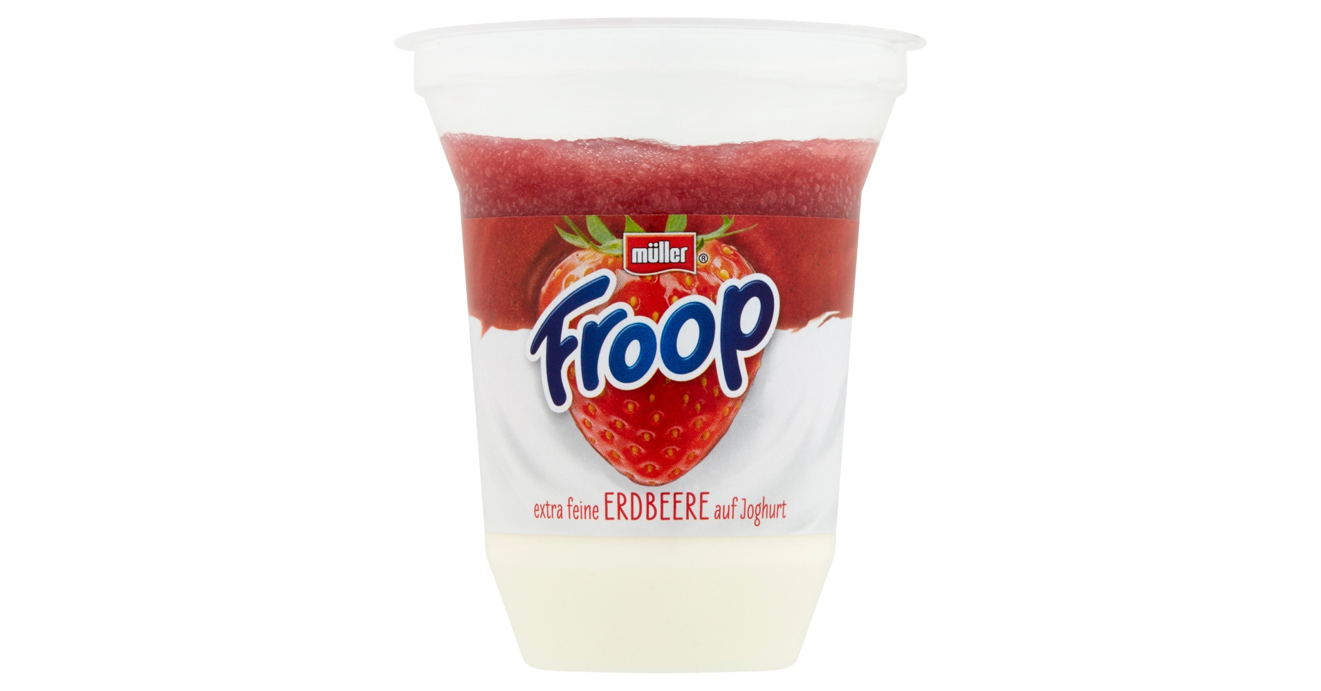 Müller Froop joghurt tetejére rétegezett habosított eper készítménnyel 150 g