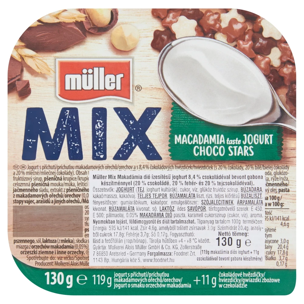 Müller Mix makadámia dió ízesítésű joghurt csokoládéval bevont gabona készítménnyel 130 g