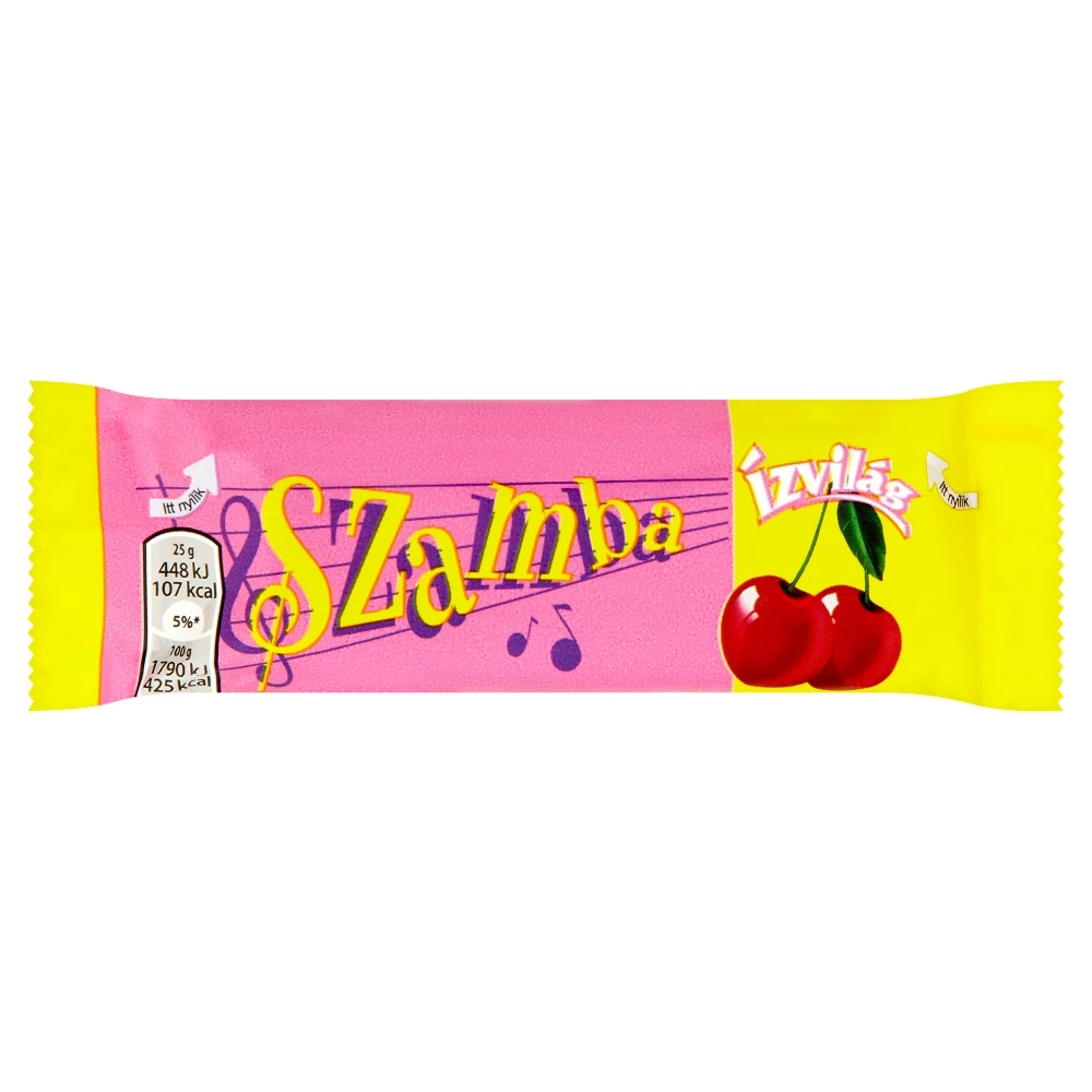 Ízvilág Szamba étcsokoládéval bevont szelet rumos ízű kakaós és marcipános-meggyes töltelékkel 25 g