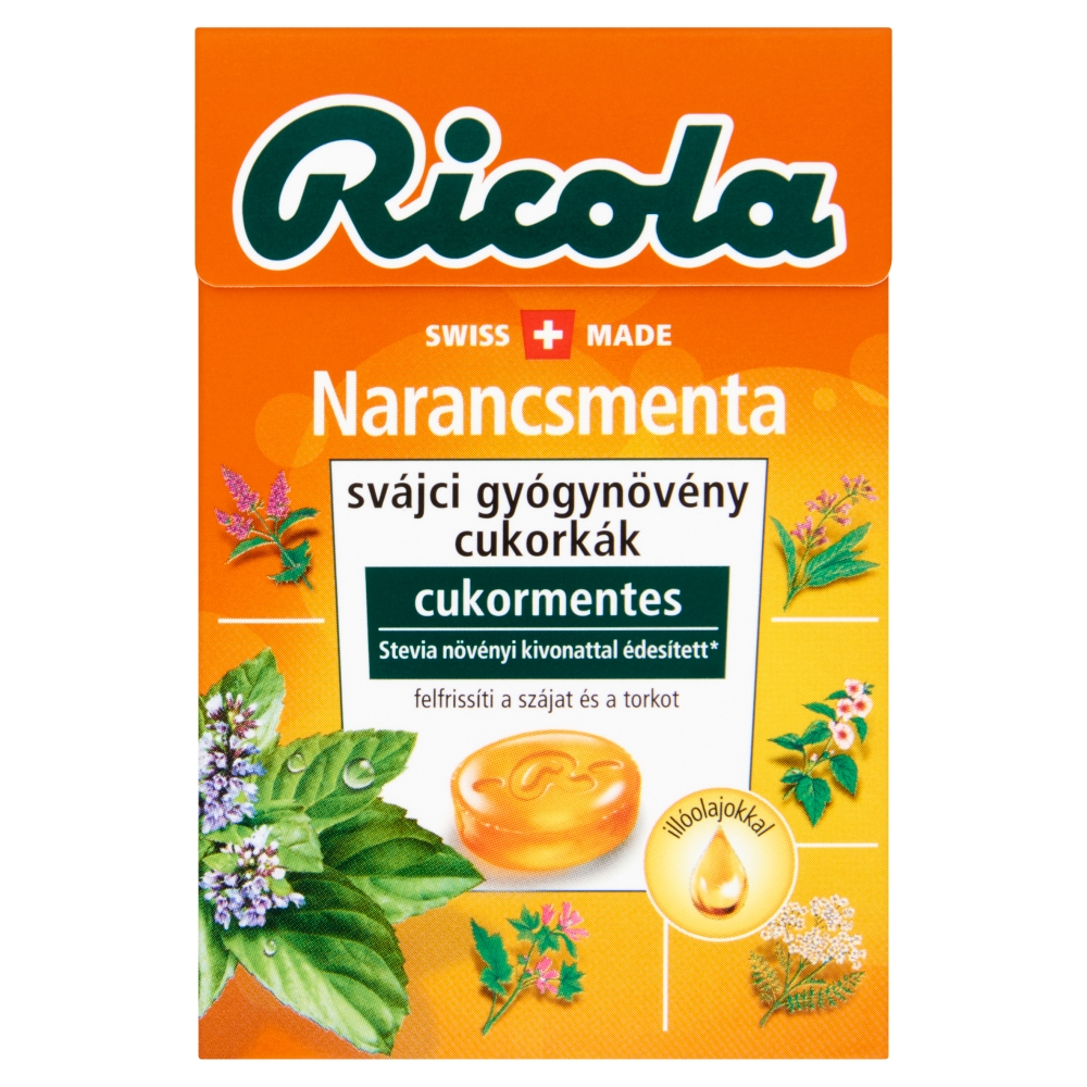 Ricola Narancsmenta cukormentes svájci gyógynövény cukorkák édesítőszerekkel 40 g
